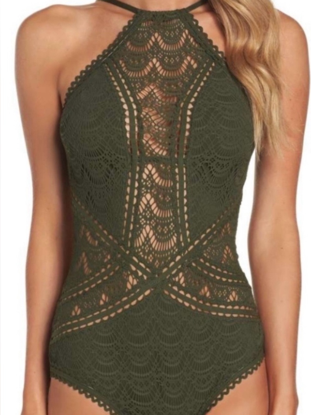 BECCA Olive Green Crochet One-Piece Swimsuit - Picture 3 of 5